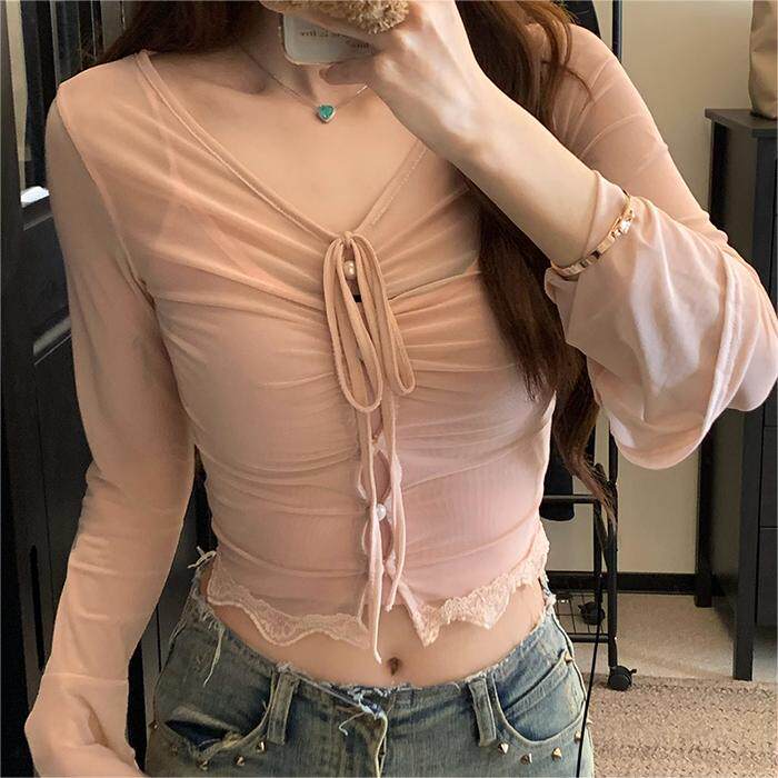 纯欲风雪纺薄款甜妹喇叭袖V领短款吊带网纱防晒长袖T恤上衣两件套