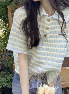 茶里茶气上衣bm甜美polo领t恤女ins条纹正肩奶系小香风针织短袖夏