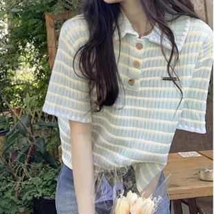 夏 茶里茶气上衣bm甜美polo领t恤女ins条纹正肩奶系小香风针织短袖