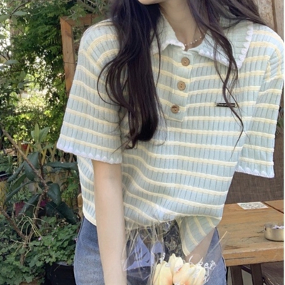 茶里茶气上衣bm甜美polo领t恤女ins条纹正肩奶系小香风针织短袖夏