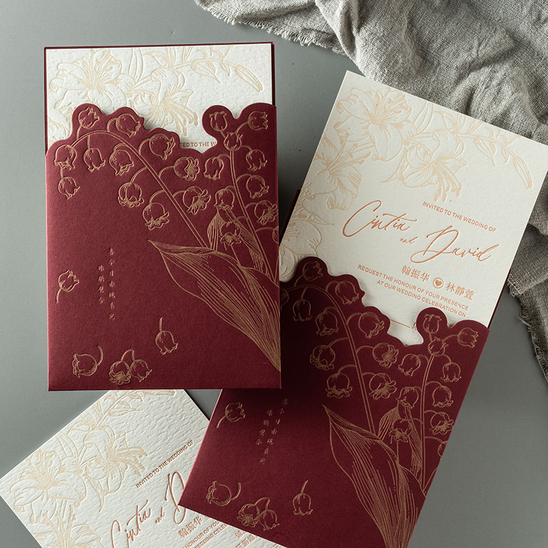 2025呈佳新中式婚礼凸版凹印定制请帖印刷结婚邀请函酒红色贺卡