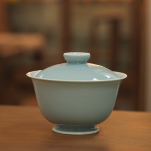 传老景德镇谷雨山房天蓝釉集圆盖碗纯手工高温烧制二才盖碗大容量