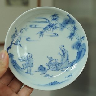 传老谷雨山房尹曰青花鹿门高士揽月承景德镇手工手绘小茶盘壶承