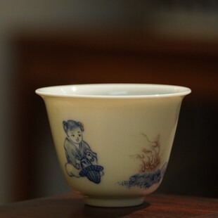 传老景德镇谷雨山房尹曰手绘青花釉里红人丁兴旺奇古杯