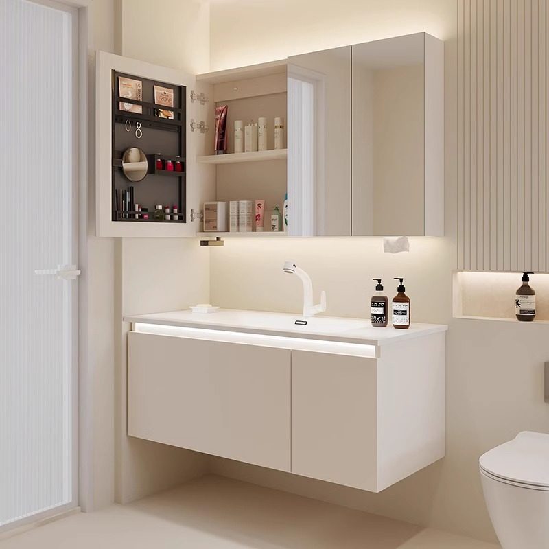 美妆浴室柜组合奶油风肤感一体盆卫生间洗脸盆柜侧边收纳洗手盆柜