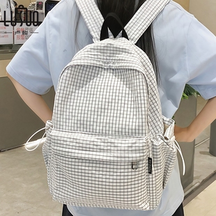 书包ins小众初中女生纯色简约格子韩系轻便高颜值高中生双肩包女