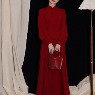 喵吉新中式国风长袖收腰敬酒服订婚裙小个子长款红色连衣裙女秋冬