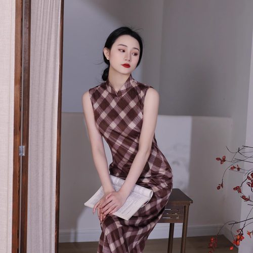 中式气质显瘦格纹复古无袖旗袍裙