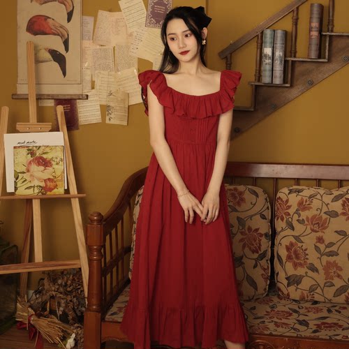 甜美小飞袖方领纯棉荷叶边连衣裙