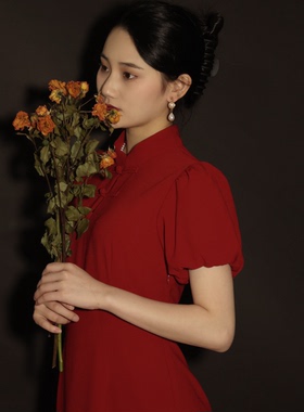 喵吉复古中国风年轻款红色改良旗袍小个子长款修身敬酒服礼服女夏