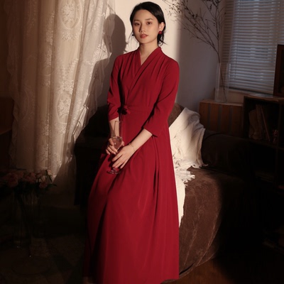 法式气质收腰显瘦长款红色连衣裙