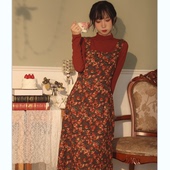 喵吉复古方领收腰灯芯绒内搭背心裙小个子中长款 碎花连衣裙女秋冬