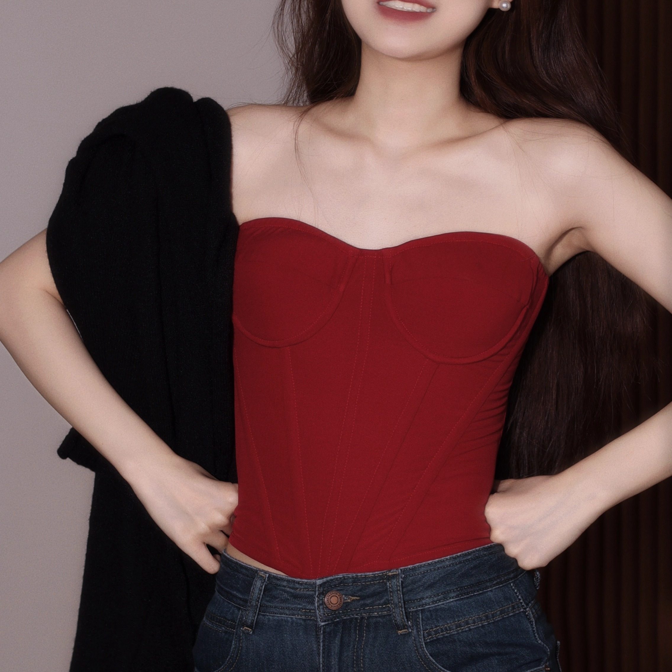 喵吉纯欲性感辣妹背心外穿紧身收腰鱼骨文胸交叉绑带缎面吊带胸衣