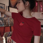 修身 喵吉 小衫 体恤打底衫 刺绣红色T恤短上衣女夏 复古bm风纯棉短袖