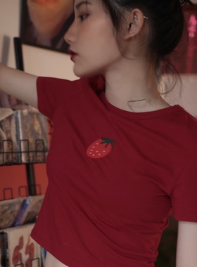 喵吉 复古bm风纯棉短袖体恤打底衫小衫修身刺绣红色T恤短上衣女夏