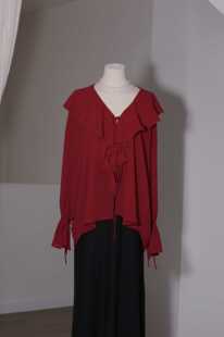 喵吉复古法式V领长袖宽松小个子衬衣小众设计感红色衬衫上衣女秋