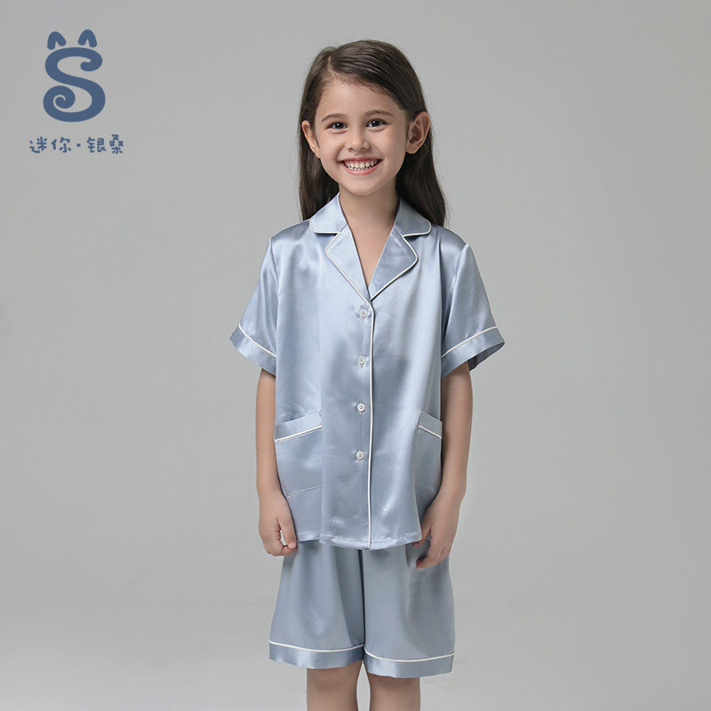 银桑高端真丝儿童睡衣100%桑蚕丝绸套装短袖短裤宝宝女童大童居家