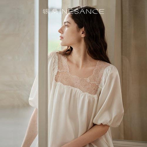 银桑INESANCE22姆米重磅长款真丝睡裙蕾丝宽松轻奢桑蚕丝女士睡衣