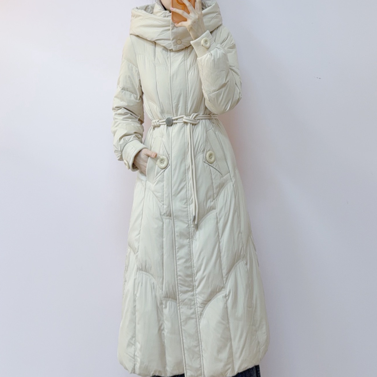 2025年冬季新品时尚百搭修身显瘦系带连帽中长款羽绒服162