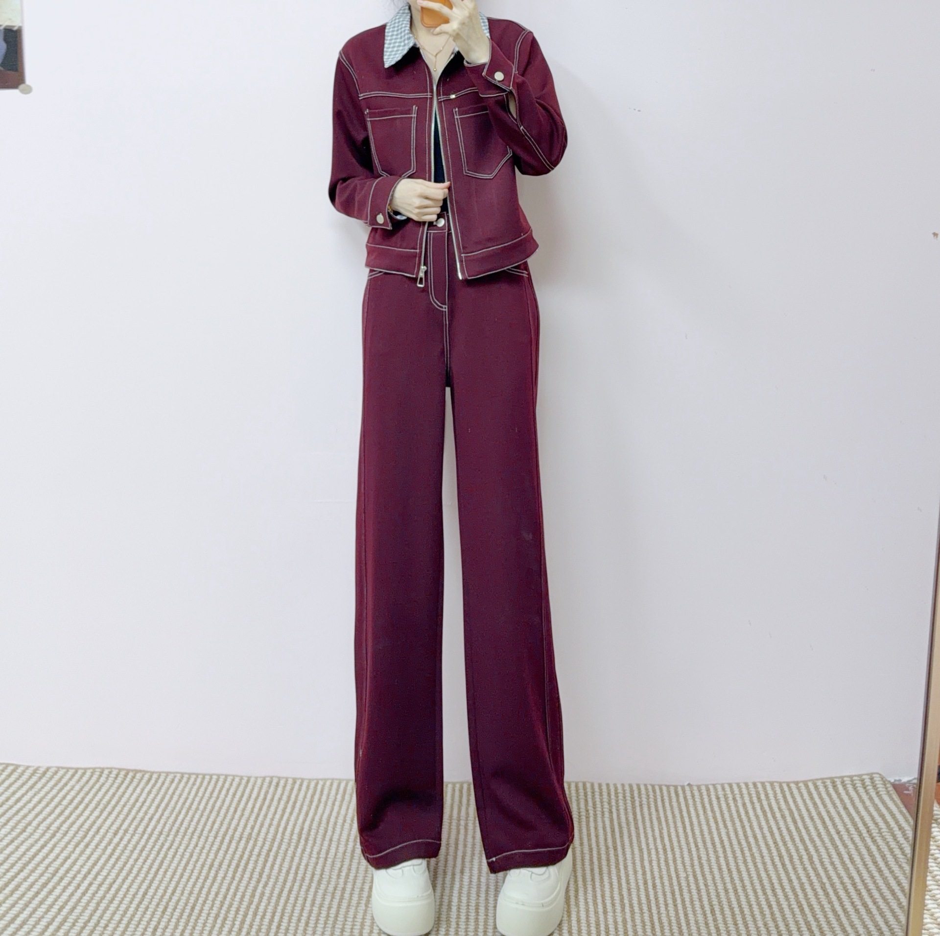 2026年春秋季新品时尚百搭气质翻领外套+直筒阔腿裤两件套套裤608,女装/女士精品,休闲运动套装,淘宝优惠券,粉丝福利购,淘宝优惠卷