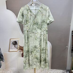 2026年夏季 时尚 气质温柔V领盘扣印花短袖 中长连衣裙231 新品