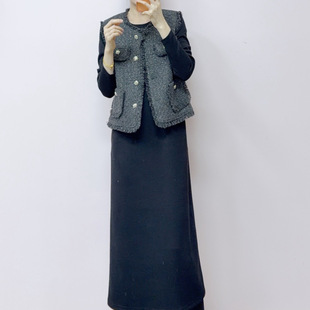 2026年春秋新品季气质流苏香风马甲+长袖连衣裙两件件套套裙685