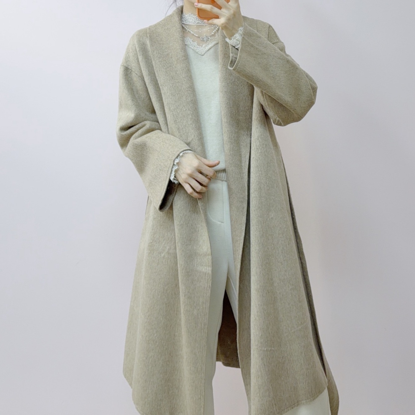 202年秋冬品牌新品时尚百搭V字领过膝浴袍式长款1双面外套331