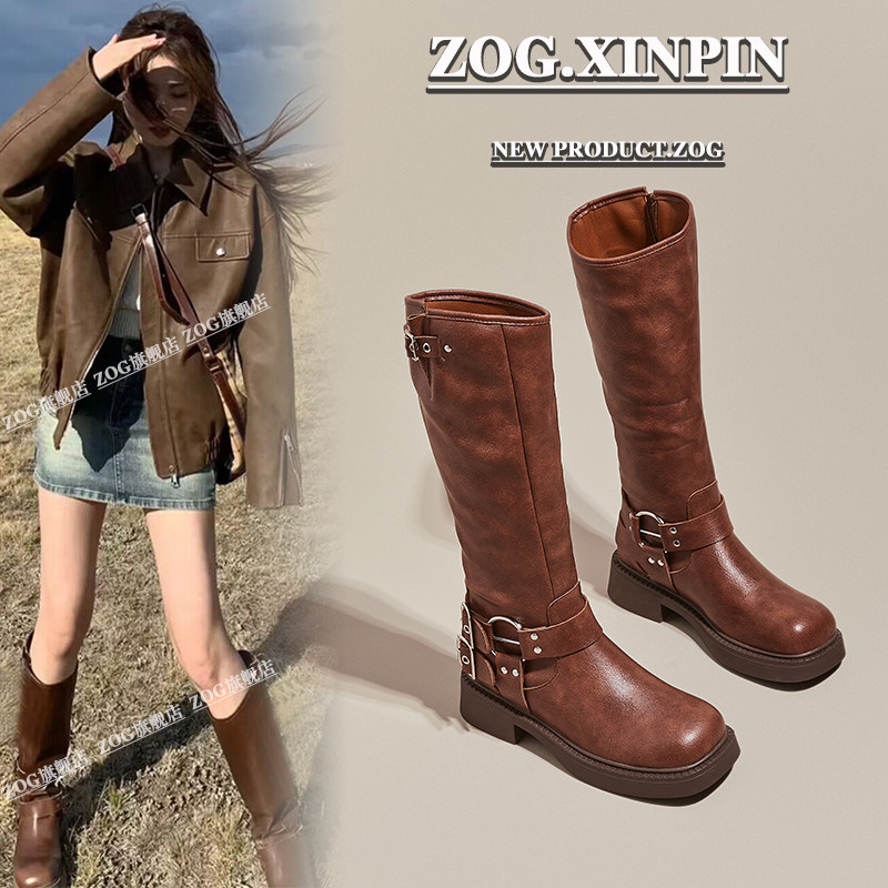 부츠 여성 부츠 2024 새로운 두꺼운 밑창 두꺼운 힐 하이 나이트 부츠 브라운 아메리칸 레트로 웨스턴 카우보이 부츠