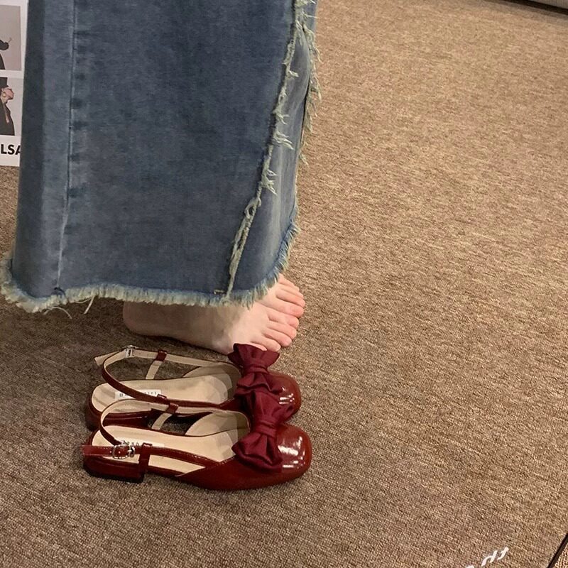 红色蝴蝶结包头凉鞋女9233820绝24新夏低跟美配裙子仙女款玛丽珍