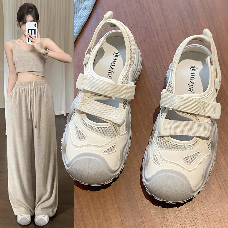 品牌厚底包头运动凉鞋女款2025新款爆款夏季透气镂空网面老爹洞洞