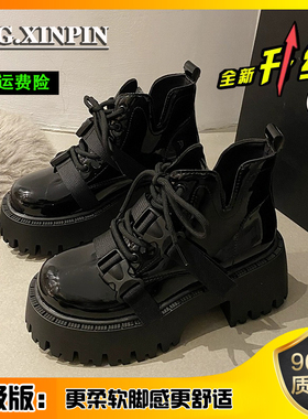黑色4短靴女202风酷新款春秋单靴厚底增高机车靴子女17049甜英伦