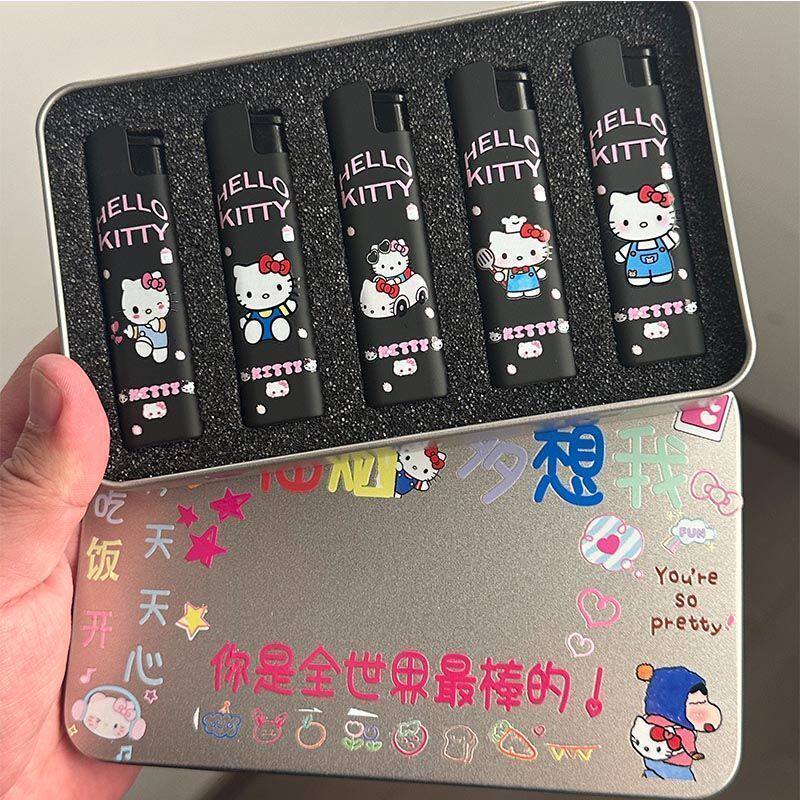 爆款可爱kitty猫创意红焰防风成品打火机ins女孩子贴纸铁盒送男友