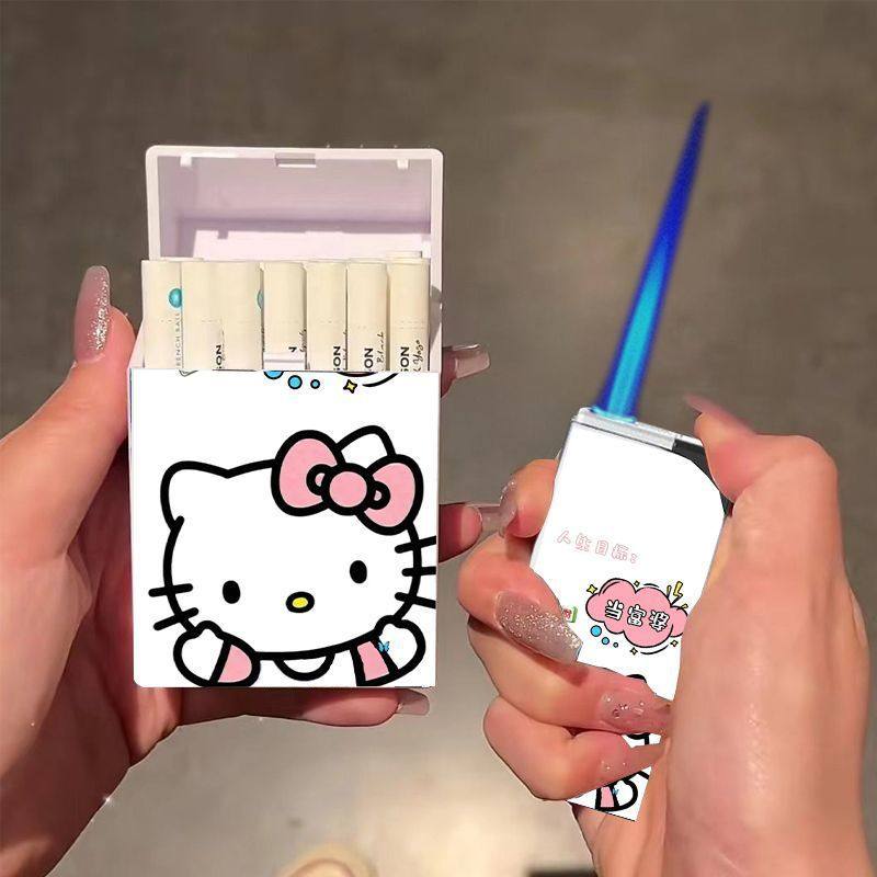 网红爆款可爱Kt猫一次性打火机烟盒组合蓝焰直冲打火机性翻盖烟盒