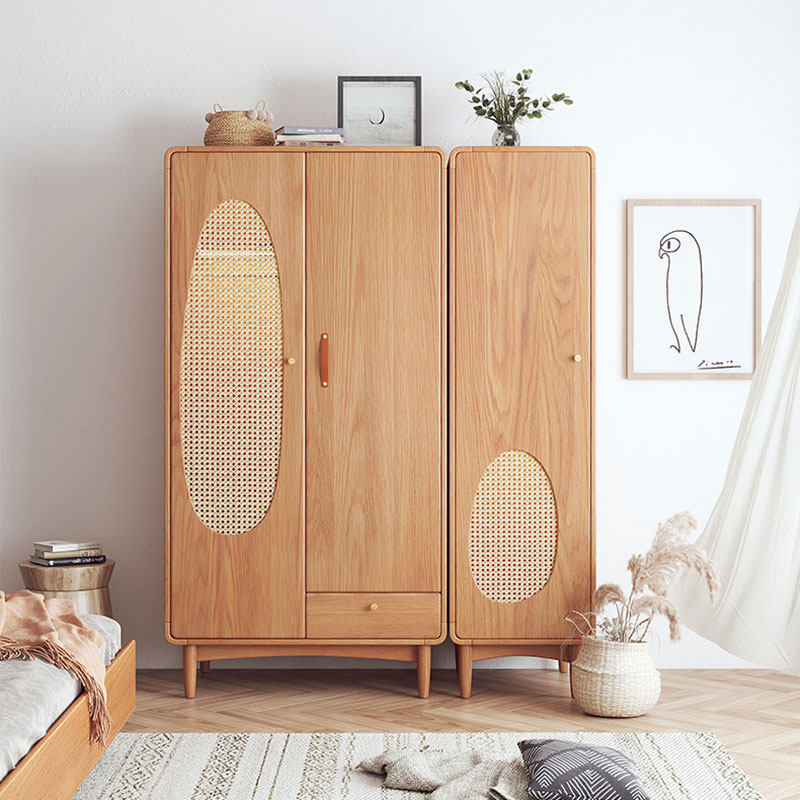 北欧实木衣柜简约现代卧室衣橱小户型儿童原木柜日式藤编收纳柜子