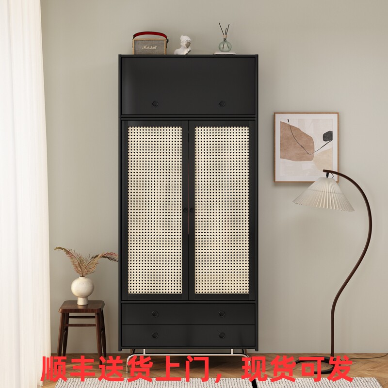 北欧实木藤编复古衣柜小户型卧室黑色衣橱收纳柜家用对开门储物柜