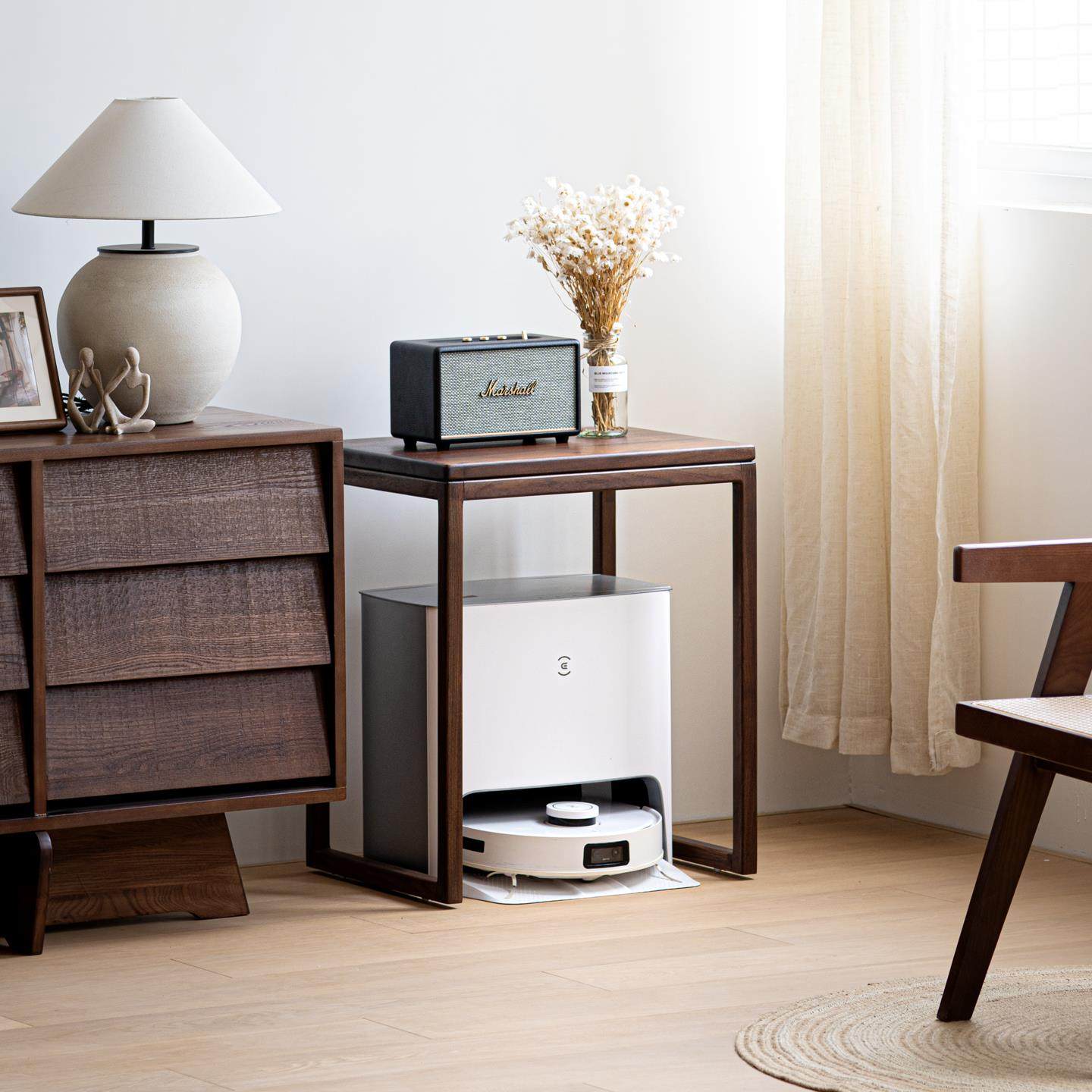 扫地机器人实木置物架黑胡桃木可移动收纳柜客厅饮水机鱼缸架子