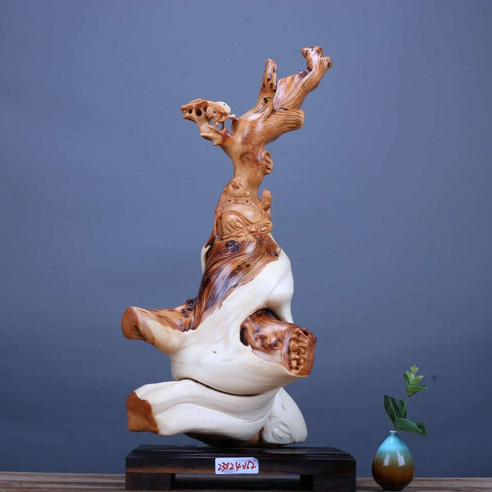 精品弥勒长23宽24高62虎皮纹双色料巧雕太行崖柏根雕摆件木雕工艺
