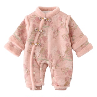 周岁女宝礼服冬季加绒唐装婴儿喜庆冬装国风爬服保暖连体衣拜年服