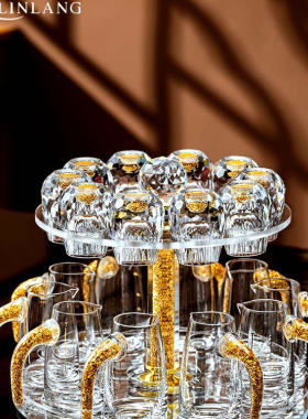 金箔水晶切面白酒杯套装家用玻璃小号一口杯刻度带把分酒器杯架装