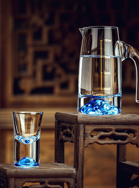 家用蓝色冰山白酒杯一口杯小酒杯子带把刻度分酒器酒盅酒具套装