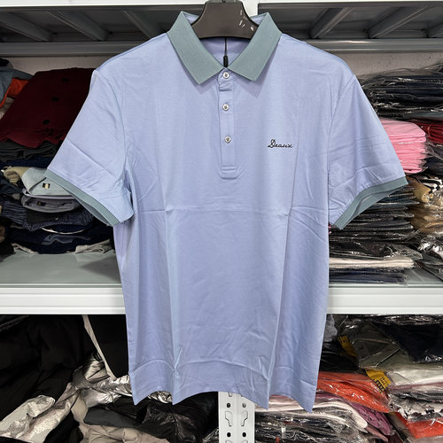 H家撤柜微弹翻领POLO衫短袖品牌蓝色净版浅绿领子 2094