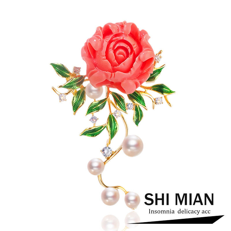 儒雅高档淡水珍珠玫瑰花胸针女国风古典西装旗袍配饰教师节礼物