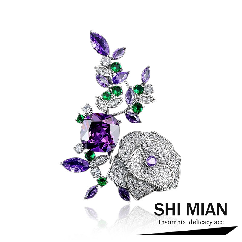 新品微镶锆石玫瑰山茶花胸针女高档精致时尚百搭西装大衣胸花别针