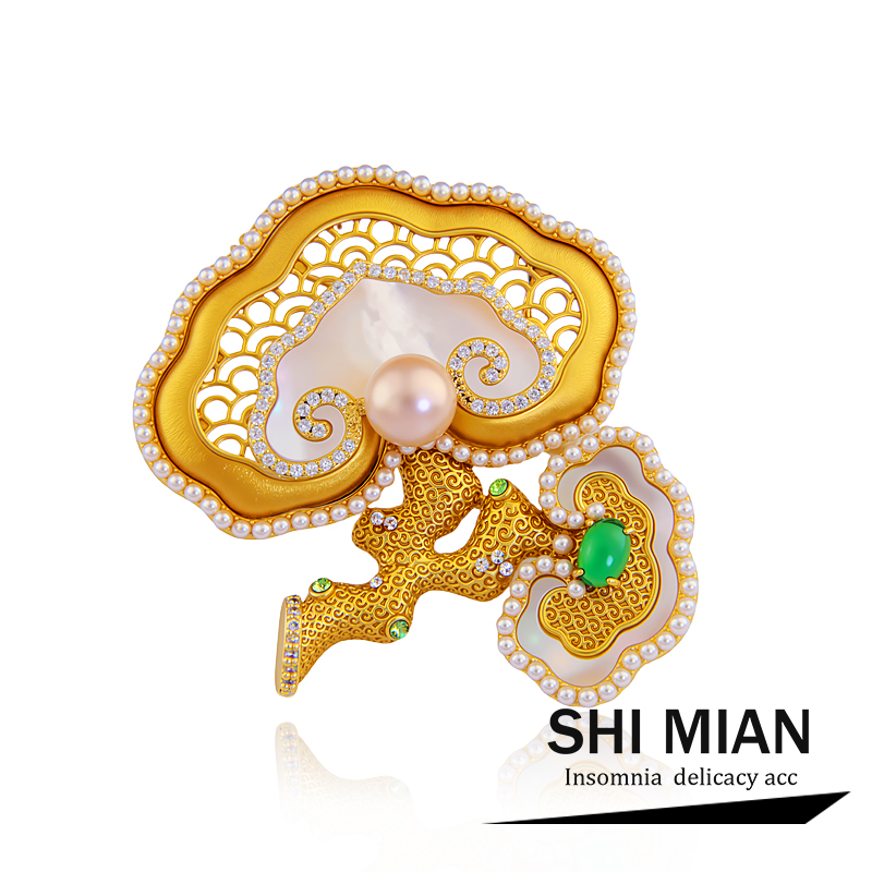 中国风天然贝母珍珠如意灵芝胸针女高档精致复古旗袍汉服胸花别针
