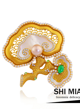 中国风天然贝母珍珠如意灵芝胸针女高档精致复古旗袍汉服胸花别针