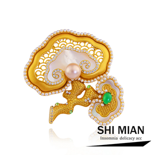中国风天然贝母珍珠如意灵芝胸针女高档精致复古旗袍汉服胸花别针