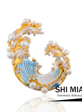 新款珐琅彩天然珍珠海浪胸针女高档精致西装大衣配饰优美别针礼物