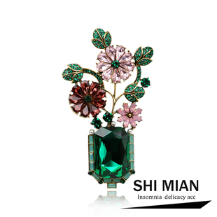 复古奢华绿水晶胸花欧美绿色森女系胸针高档女西装 大衣别针徽章潮