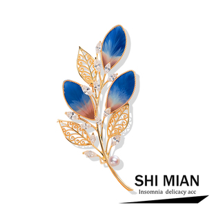 蓝色非遗绒花胸针女高档设计小众精致旗袍胸花别针配饰礼物 新中式