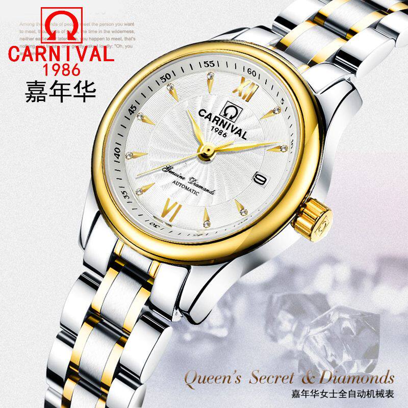 新款正品嘉年华女士全自动机械表情侣手表钢带时尚夜光男女防水表